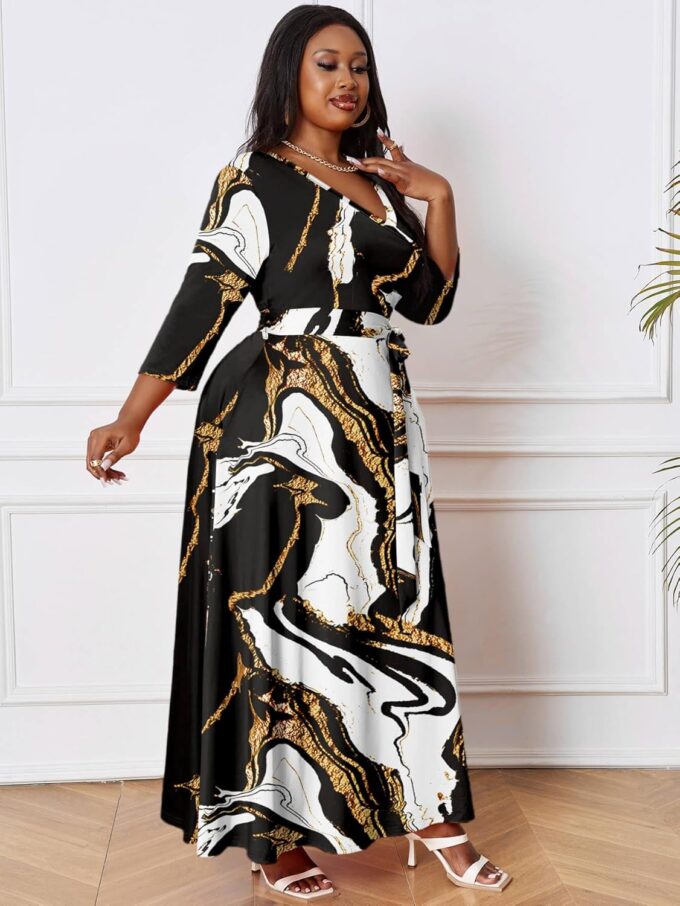 Runwind Plus Size Dress for Women - 3/4 Sleeve V Neck Printing Maxi Dresses for Women （XL-6XL） – Bild 5