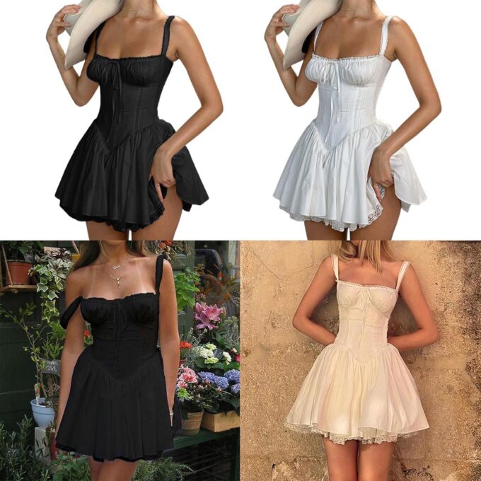 Womens Spaghetti Straps Sleeveless Bodycon Dress Vintage French Lace Trim Short Dress for Party White – Bild 2