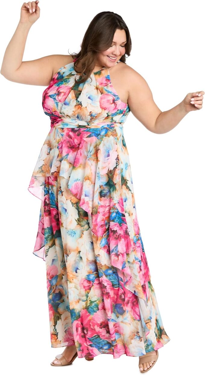 Flowing Watercolor Floral Halter Maxi Dress W/Tiered Ruffle Hem – Bild 5