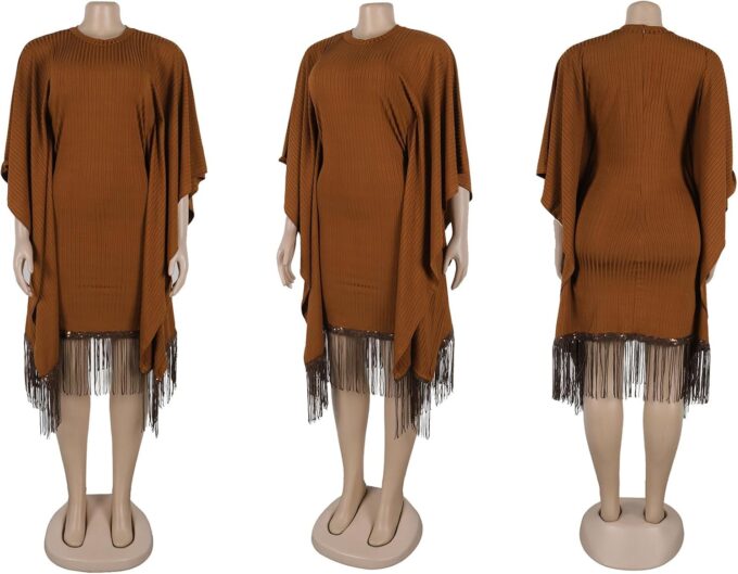 Women's Elegant Midi Dress Sequin Fringe Batwing Sleeve Loose Cocktail Party Dress Pleated Plus Size Dress – Bild 4