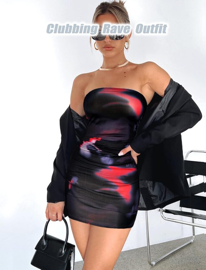 Summer Tube Mini Dresses for Women Trendy Y2k Ruched Going Out Club Rave Outfit Bodycon Short Bandeau Dress – Bild 2