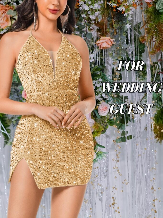 Sexy Sequin Dress for Women,Sparkly Glitter Velvet Mini Prom Dresses,Plunge Backless Club Outfit Cocktail Party – Bild 5
