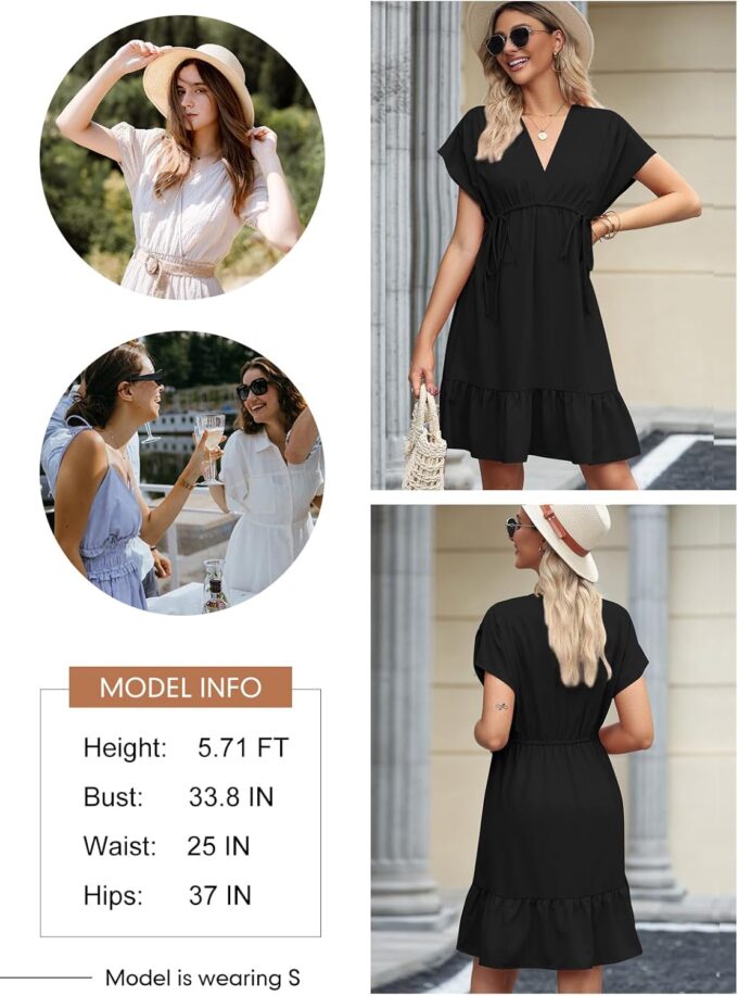Dokotoo Womens Summer Dresses 2025 Short Sleeve V Neck Empire Waist Drawstring Casual Ruffle A-Line Swing Mini Babydoll Dress – Bild 5