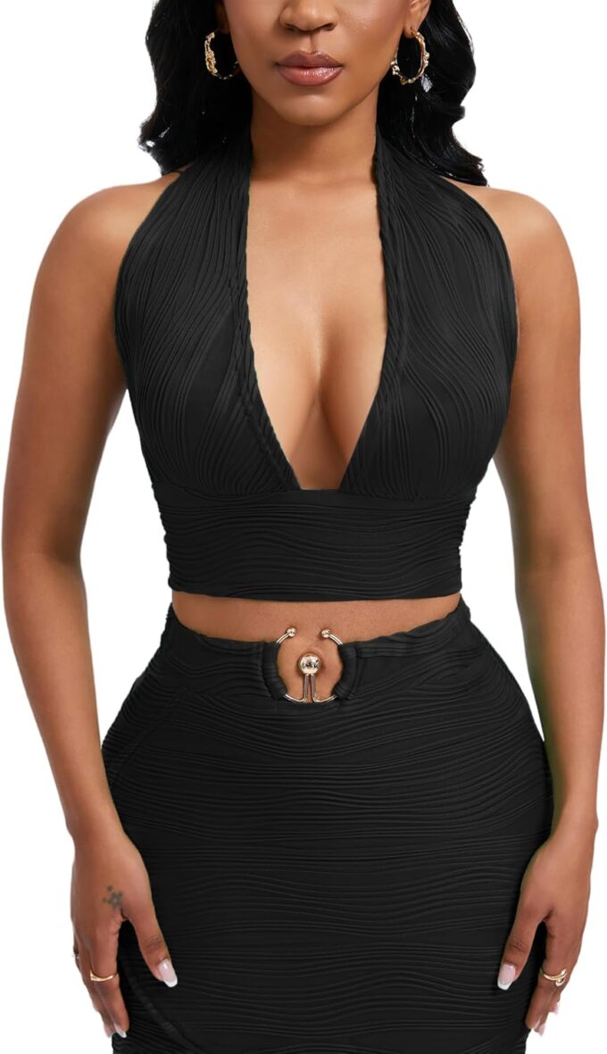 Women's Sexy Clubwear 2 Piece Set Halter Crop Top & High-Slit Bodycon Skirt for Night Out – Bild 7