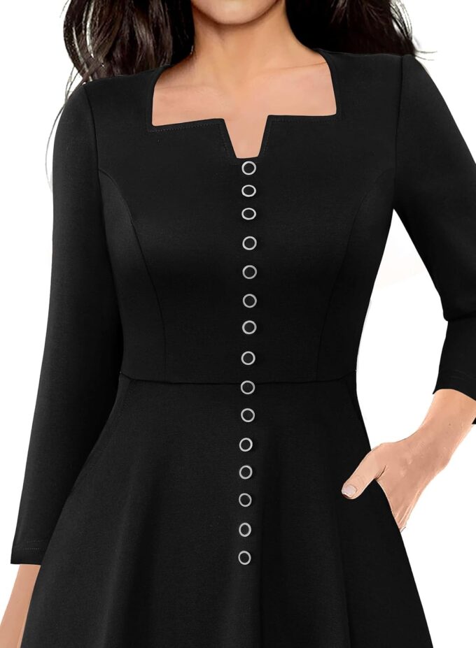 VFSHOW Damen Kleid mit quadratischem Ausschnitt, Kerben, Knöpfe, Businesskleidung, Arbeit, Büro, Taschen, schmale Passform und ausgestelltes A-Linien-Kleid – Bild 3