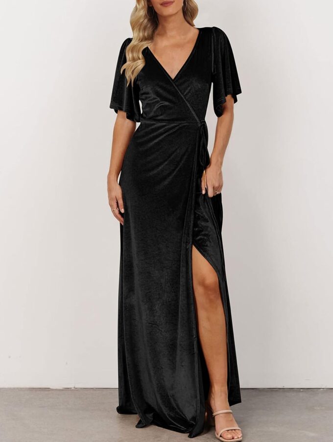 MEROKEETY Women's V Neck Wrap Velvet Maxi Dress Bell Sleeve Split Bridesmaid Cocktail Party Dresses – Bild 2