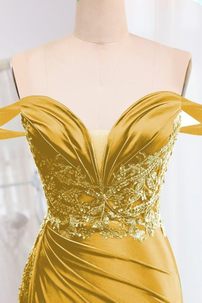 Off Shoulder Satin Homecoming Dresses for Teens 2025 Beaded Short Prom Dresses Pleated Cocktail Party Dress with Slit Tail – Bild 5