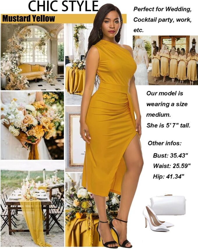 Nature Comfy LilyIn Womens Elegant one Shoulder Sleeveless Ruched High Slit Solid Color Cocktail Party Dresses – Bild 2