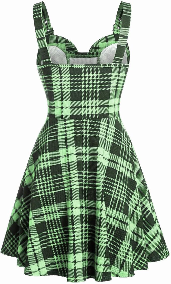 DRESSFO Women's Gothic Dress Plaid Print Lace-up Front Buckle Strap Dress Retro Empire Waist Dress Vintage 1950s Dresses – Bild 2