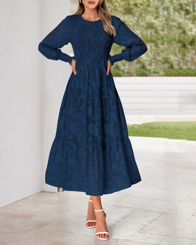 BTFBM Casual Women's 2025 Spring Dresses Elegant Wedding Guest Dress Long Sleeve Floral Midi Dress Flowy Bohemian Long Dress – Bild 3