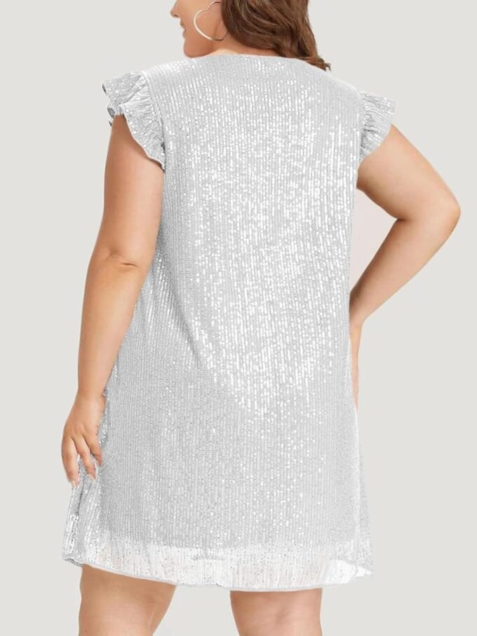 Beautife Women's Sequin Plus Size Mini Dress Ruffle Short Sleeve V Neck Babydoll A Line Glitter Club Party Dresses – Bild 2