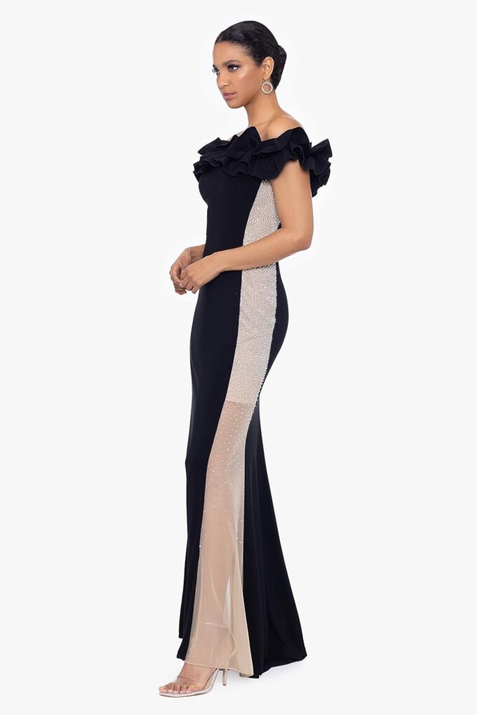 Xscape Women's Long Off The Shoulder Ruffle Beaded Mesh Back Dress – Bild 3