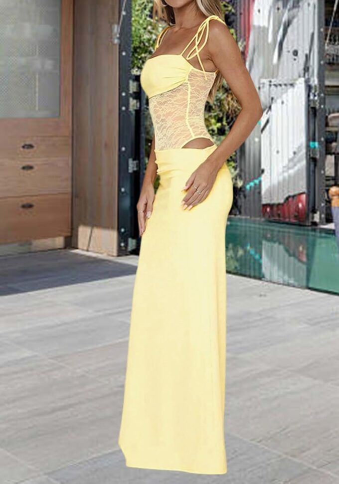 Unybwonn Lace Maxi Dress Sexy Sheer Sleeveless Bodycon Mesh Long Dresses Cut Out Spaghetti Strap Wedding Guest Dress – Bild 4