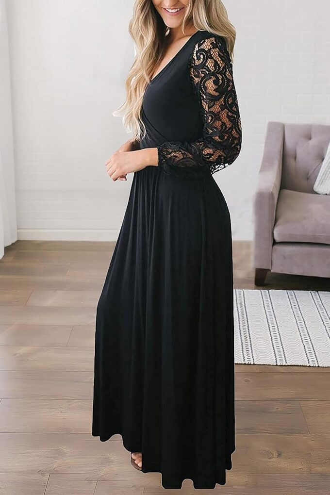 Kranda Womens Vintage Floral Lace Long Sleeve Faux Wrap V Neck Party Long Maxi Dress – Bild 4