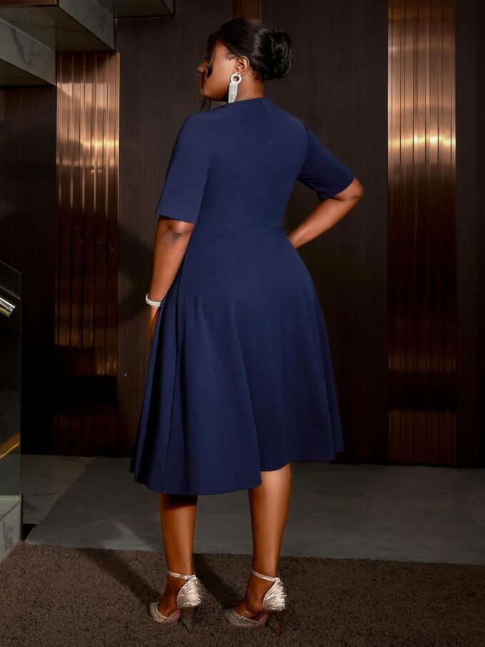 AOMEI Damen-Kleid, marineblau, unregelmäßiger Ausschnitt, kurze Ärmel, Schnalle, A-Linie, lässiges Arbeitskleid – Bild 3