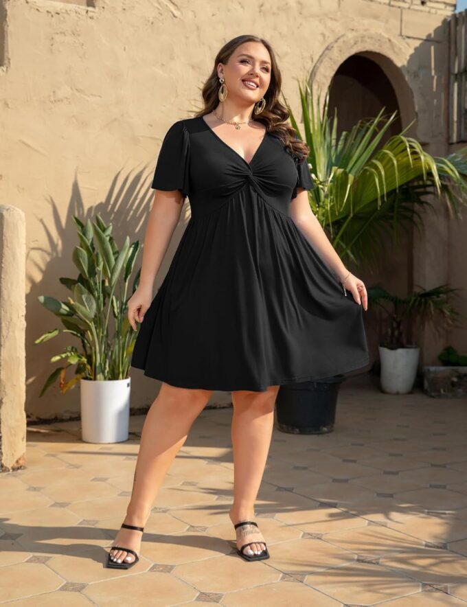 Womens Plus Size Summer Dress Casual Short Sleeves Deep V Neck Twist Knot Front Flowy Dress with Pockets – Bild 4