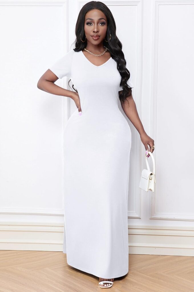 FANDEE Maxi Dress for Women Short Sleeve Summer Dresses V Neck Casual Loose Long T Shirt Dresses with Pockets – Bild 7