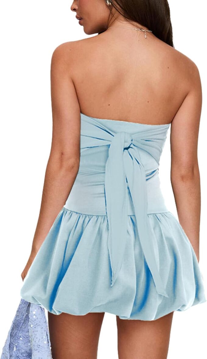 HYPERFIRE Women's Elegant Strapless Tube Bubble Mini Dress Bow Back Dresses Wedding Club Party – Bild 2