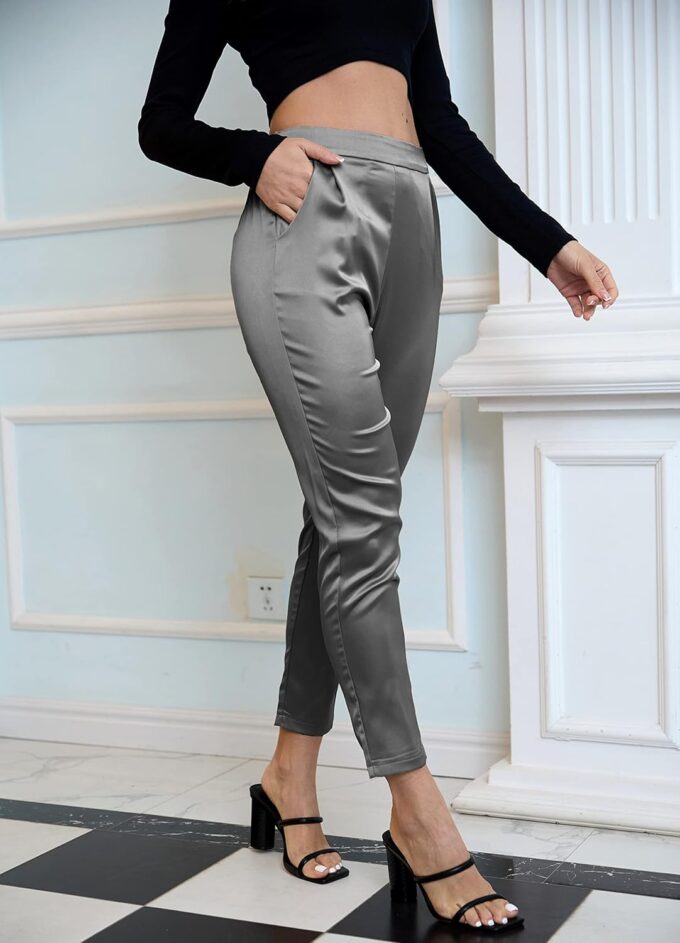 heipeiwa Women's Satin Pants Dress Casual Pleated Pull on High Waist Pants Baggy Front Tapered Trouser – Bild 2