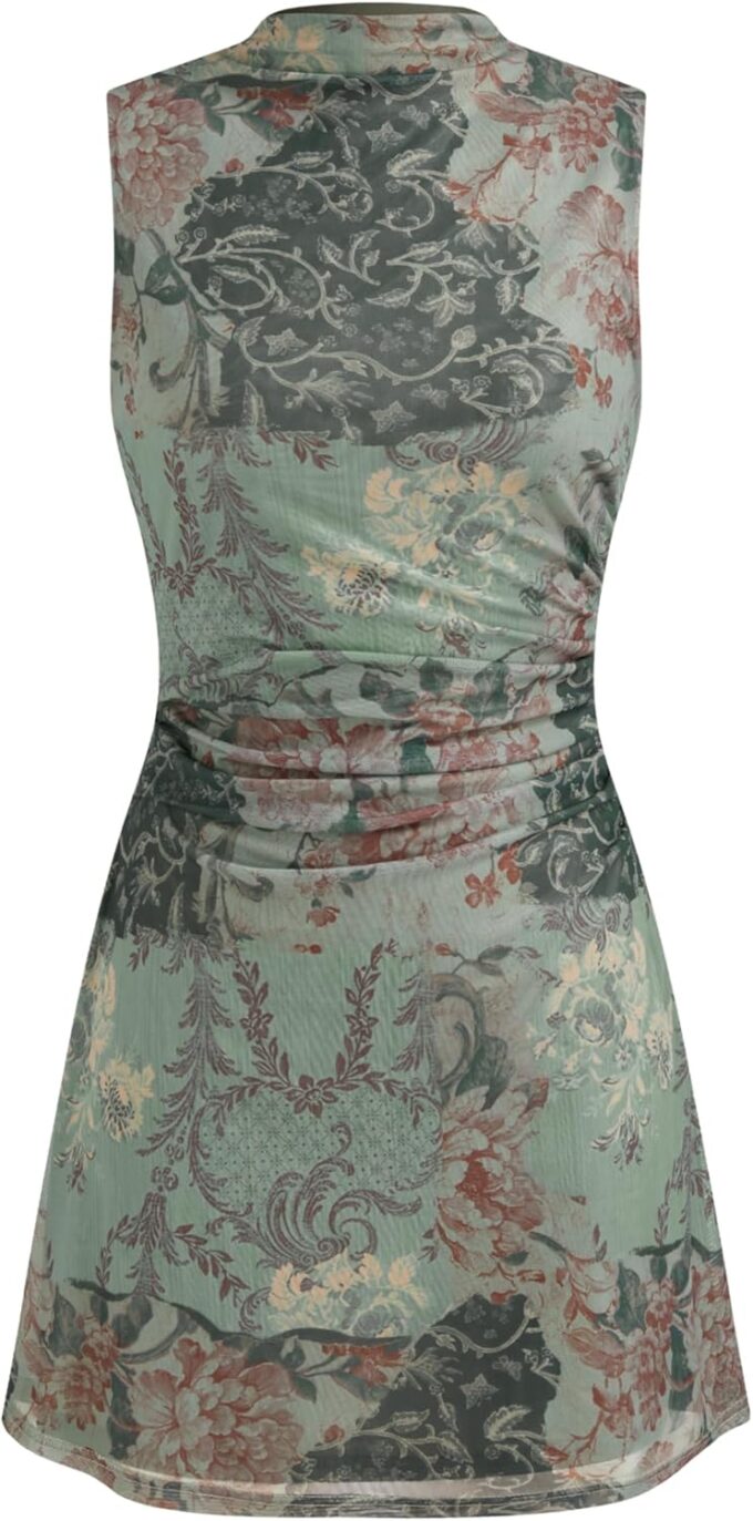CIDER Mini Dress Floral Sundress Ruched Dress Stand Neck Middle Waist Elegant Party Cocktail Clubbing Dresses