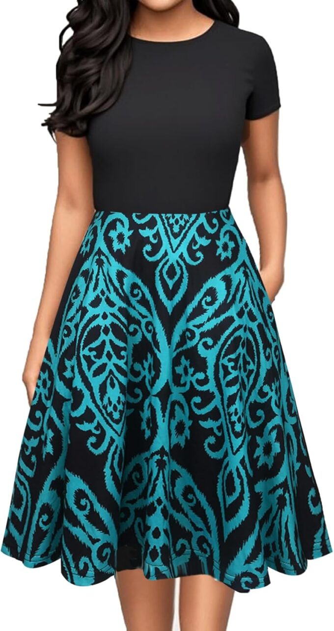 oxiuly Women Casual Dress Round Neck Soft Cotton Floral A-Line Midi Summer Dresses with Pockets OX262