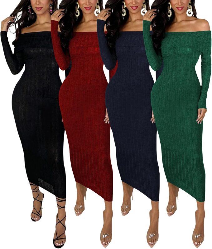 HugeNice Women's Sexy Off Shoulder Midi Dress Long Sleeve Bodycon Ruched Cocktail Party Dresses – Bild 6