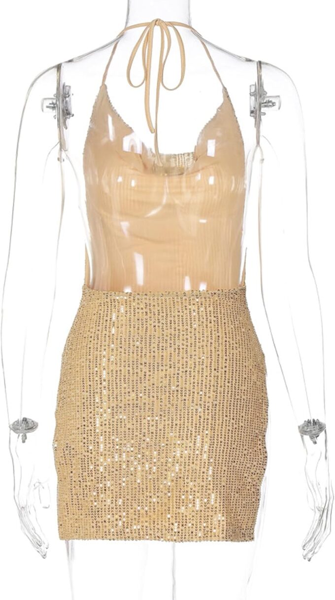 Women's Sequin Halter Bodycon Mini Dress Split Hem Backless Cowl Neck Sexy Short Dress Open Back Cocktail Party Dresses – Bild 6
