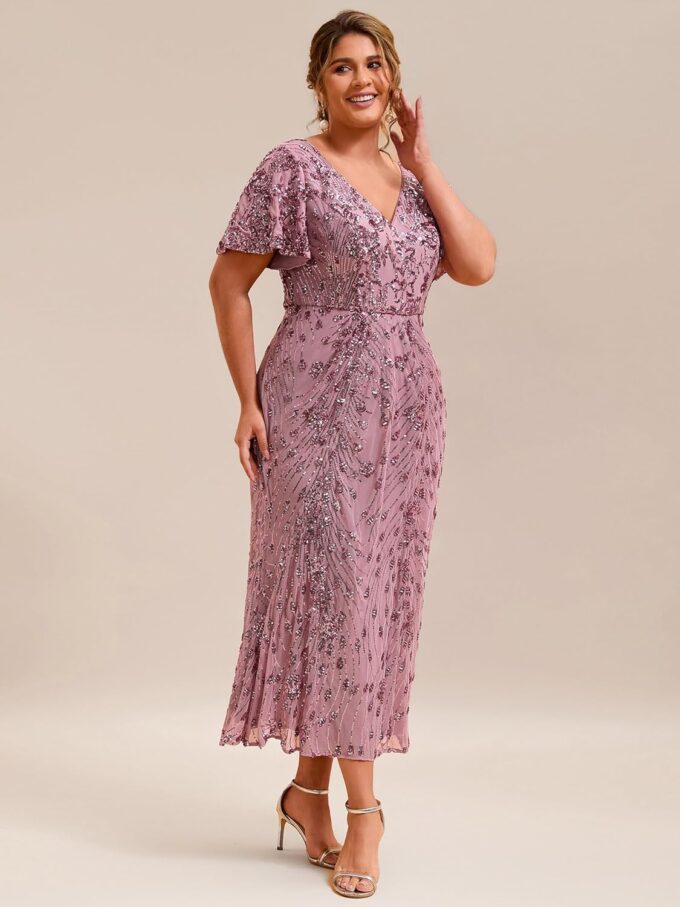Ever-Pretty Plus Women's V Neck Short Sleeves Bodycon Sequin Maxi Plus Size Formal Dresses – Bild 3