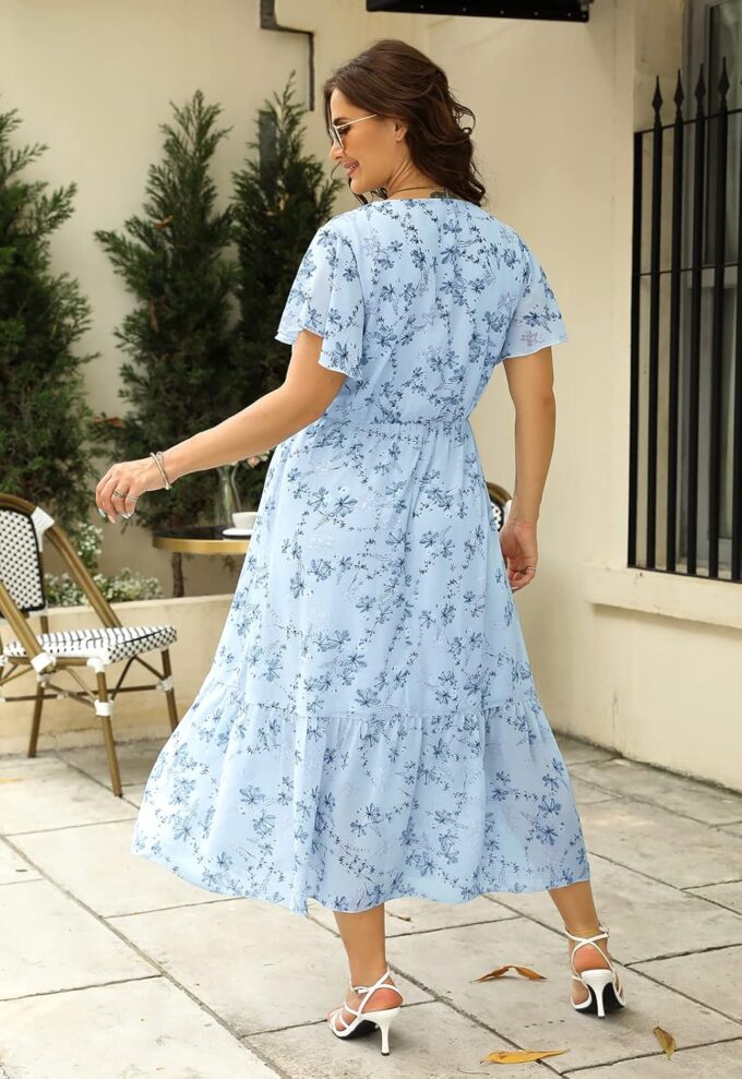 Nemidor Womens Casual Plus Size Boho Print Belted Layered Chiffon Long Dress with Ruffle Sleeve NEM310 – Bild 6