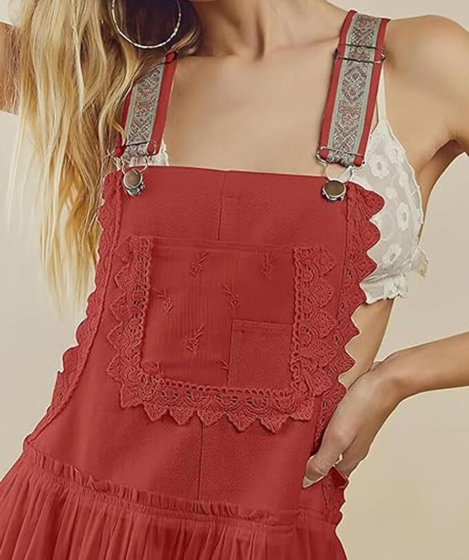 utcoco Women's Summer Laced Embroidered Tulle Bib Overall Dress Casual Loose Adjustable Straps Sleeveless Maxi Dress – Bild 4