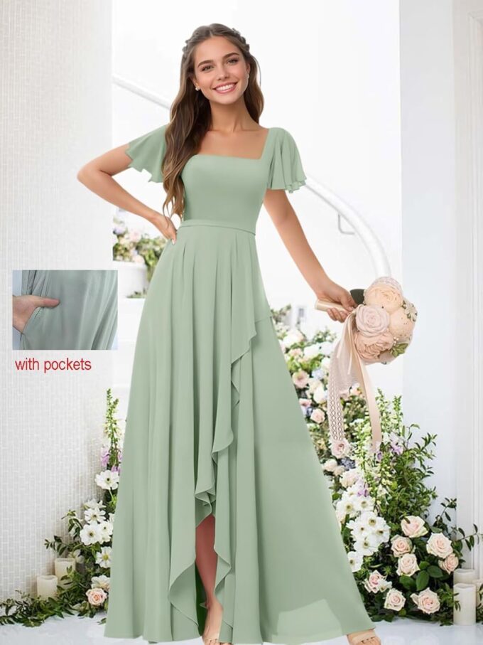 Square Neck Bridesmaid Dresses for Women Chiffon Flutter Sleeves Evening Formal Dress with Slit – Bild 5