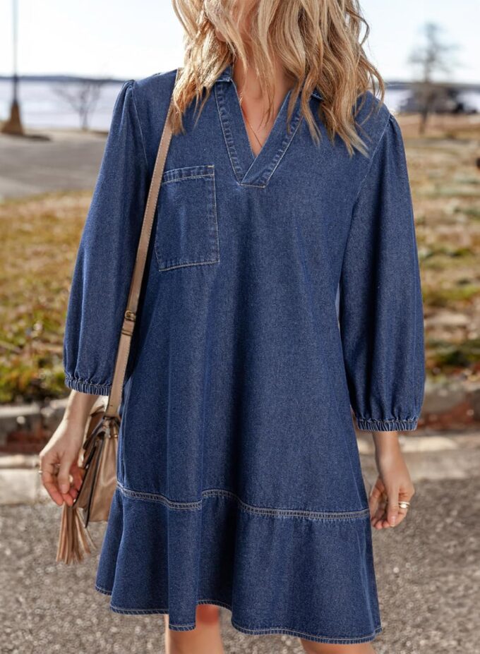 Dokotoo Denim Dress for Women Fashion Fall Casual Babydoll 2025 V Neck 3/4 Puff Sleeve Jean Dresses – Bild 3