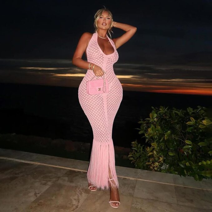 Women Sexy Hollow Out Crochet Halter Maxi Dress Summer Beach Cover up Knit Fringe Bodycon Dress – Bild 5