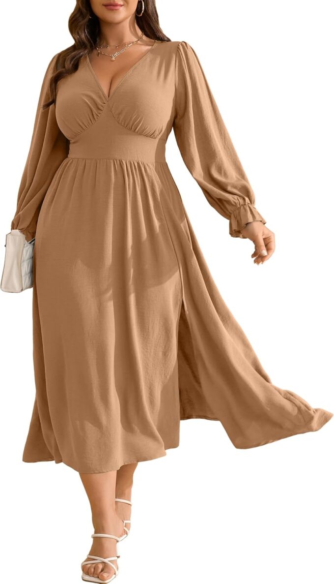 RWJ Plus Size Wedding Guest Dress for Women Deep V Neck Long Sleeve High Waist Slit Formal Cocktail Party Fall Maxi Dresses
