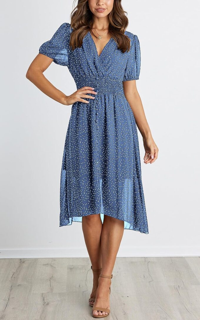 PRETTYGARDEN Women's Floral Wrap V-Neck Midi Dress Short Sleeve Boho Summer Beach Long Dress High Low Hem Smocked Dress Women – Bild 7