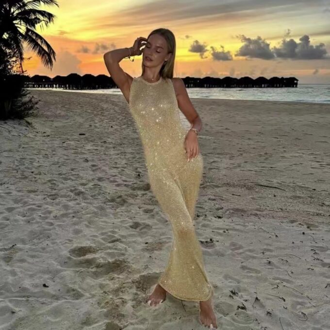 JUMISEE Women's Sexy Open Back Glitter Crochet Knit Maxi Dress Shiny Sequin Vacation Dress Summer Long Beach Dresses – Bild 5
