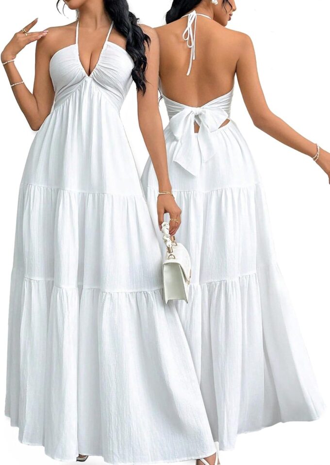 Narecte Women's Maxi Summer Dresses Halter V Neck Beach Dresses for Women A-Line Casual Dress for Vacation
