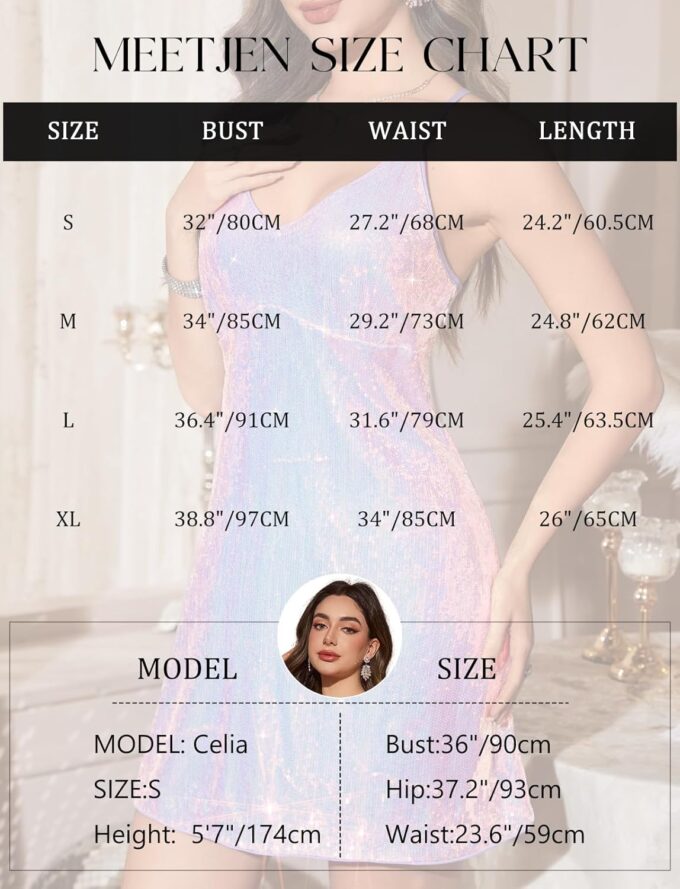 Meetjen Women's Sequin Dress Sparkly V Neck Mini Sexy Club Glitter Spaghetti Strap Sleeveless Night Out Party Dresses – Bild 6