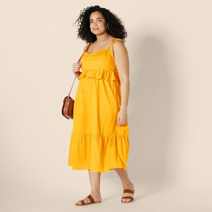 Amazon Essentials Women's Fit and Flare Cotton Sateen Empire Waist Midi Ruffle Dress – Bild 7