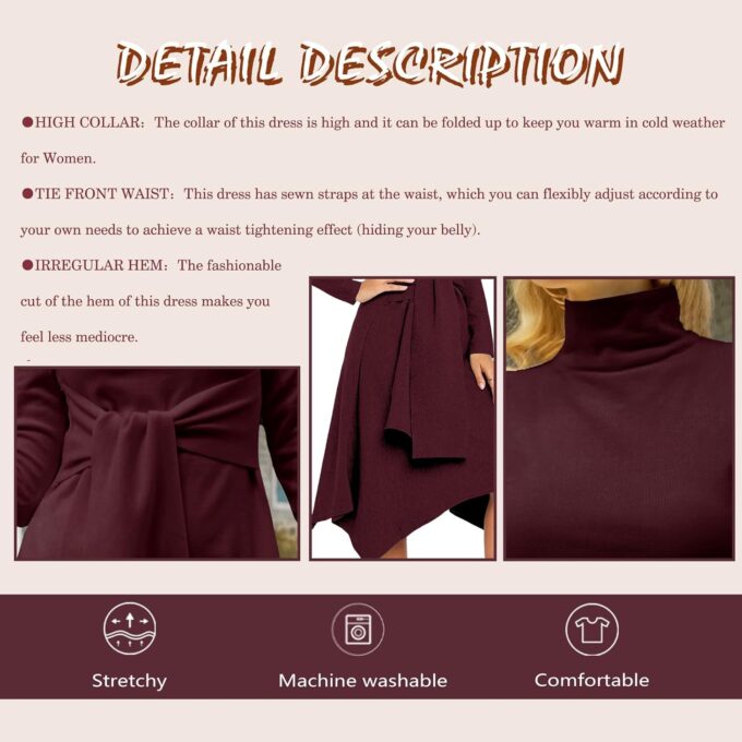 Jayscreate Damen-Pulloverkleid 2023, langärmelig, für Herbst und Winter, Midi-Kleid, zum Binden vorne, hohe Taille, Business-Kleid, Freizeitkleid – Bild 6