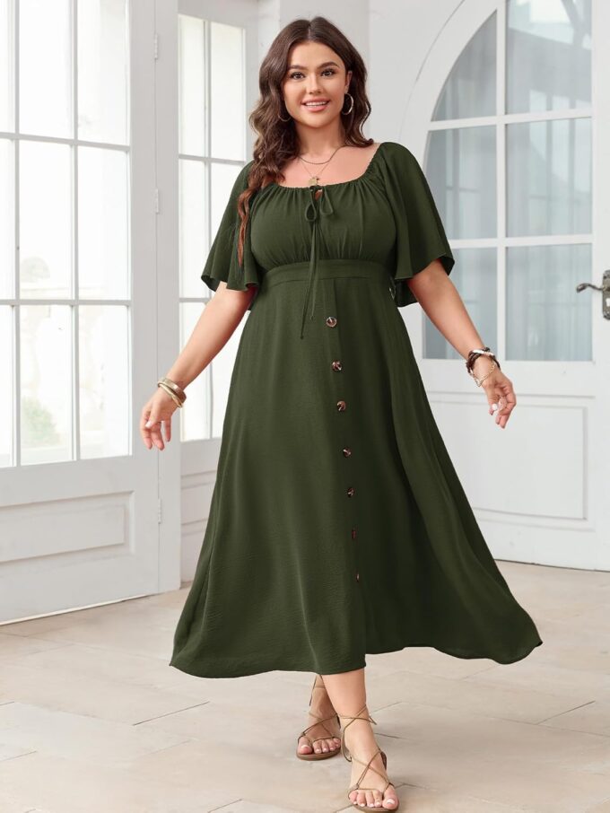 Plus Size Summer Dress Short Sleeve Square Neck Tie Front Smocked Button Down Flowy A-line Boho Maxi Long Dresses – Bild 3