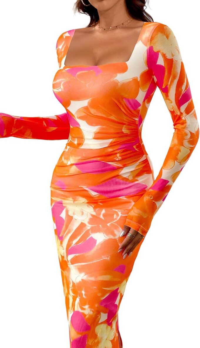 Women's Long Sleeve Tie Dye Dress Square Neck Mesh Ruched Cocktail Maxi Dresses – Bild 5