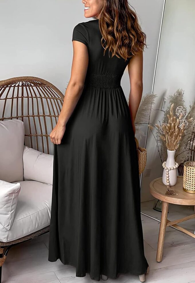 Yuopeid Women's Sexy Deep V Neck Solid Color Pleated High Waist Slit Club Party Evening Long Maxi Dress – Bild 5