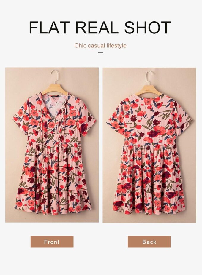 Dokotoo Womens Summer Casual Boho Floral Dresses V Neck Short Sleeve Sundresses Flowy Swing A-Line Mini Dress – Bild 4