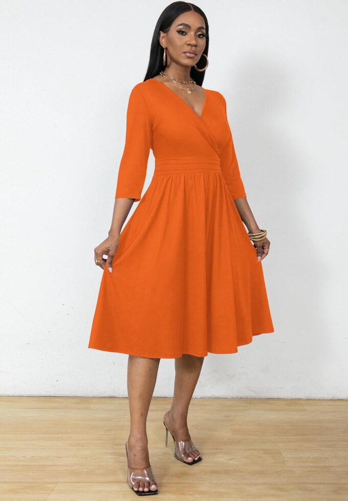 Nmoder Wrap Dress Cocktail Casual Dresses for Women Wedding Guest Fit and Flare V Neck 3/4 Sleeve Midi Dress with Pockets – Bild 3