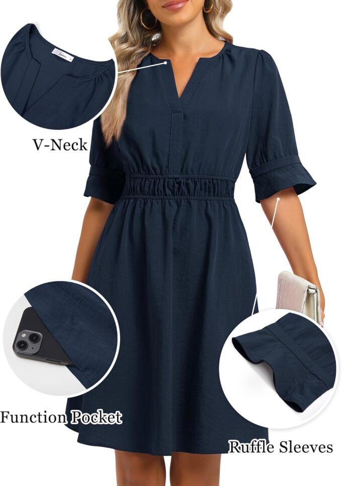 Loemes Womens Casual Work Drop Waist Sunresses Business V Neck Midi Ruffle Sleeve Solid Color Flowy Summer Dress with Pockets – Bild 2