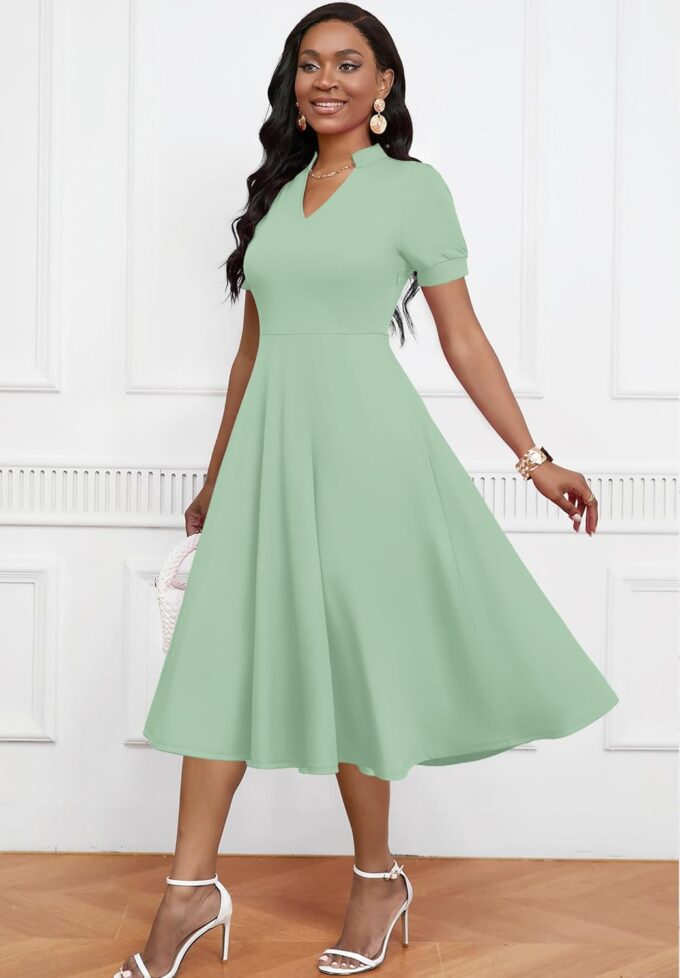 Womens Short Puff Sleeve V Neck Casual Semi-Formal Cocktail Party A-Line Dress – Bild 4