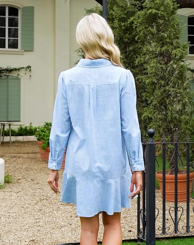 Women‘s Tunic Shirt Mini Dress Long Sleeve Cotton Short Dress Button Up Ruffle Hem Shift Dresses – Bild 2