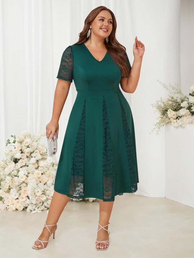 ZNU Women’s Plus Size Wedding Guests Dresses for Formal Lace Short Sleeve V-Neck Cocktail Evening Party Dress Midi Dress – Bild 6