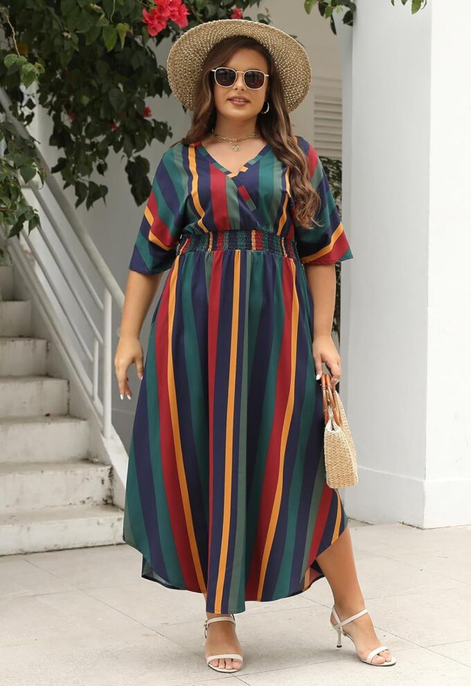 Nemidor Womens Casual Plus Size Boho Print V Neck Flared Maxi Dress with Pocket NEM403 – Bild 5
